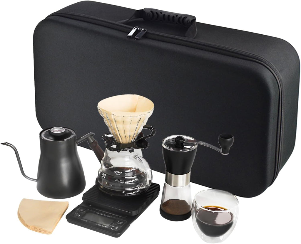 Portable pour-over coffee brewing kit in black travel bag with kettle, dripper, grinder and cups