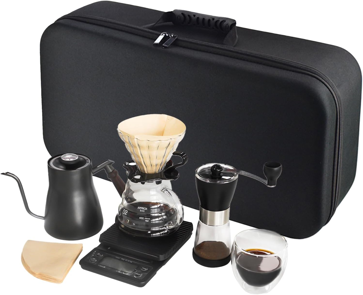 Portable pour-over coffee brewing kit in black travel bag with kettle, dripper, grinder and cups