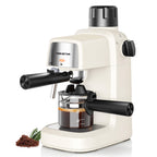 Cream white compact espresso machine with milk frother and black steam wand