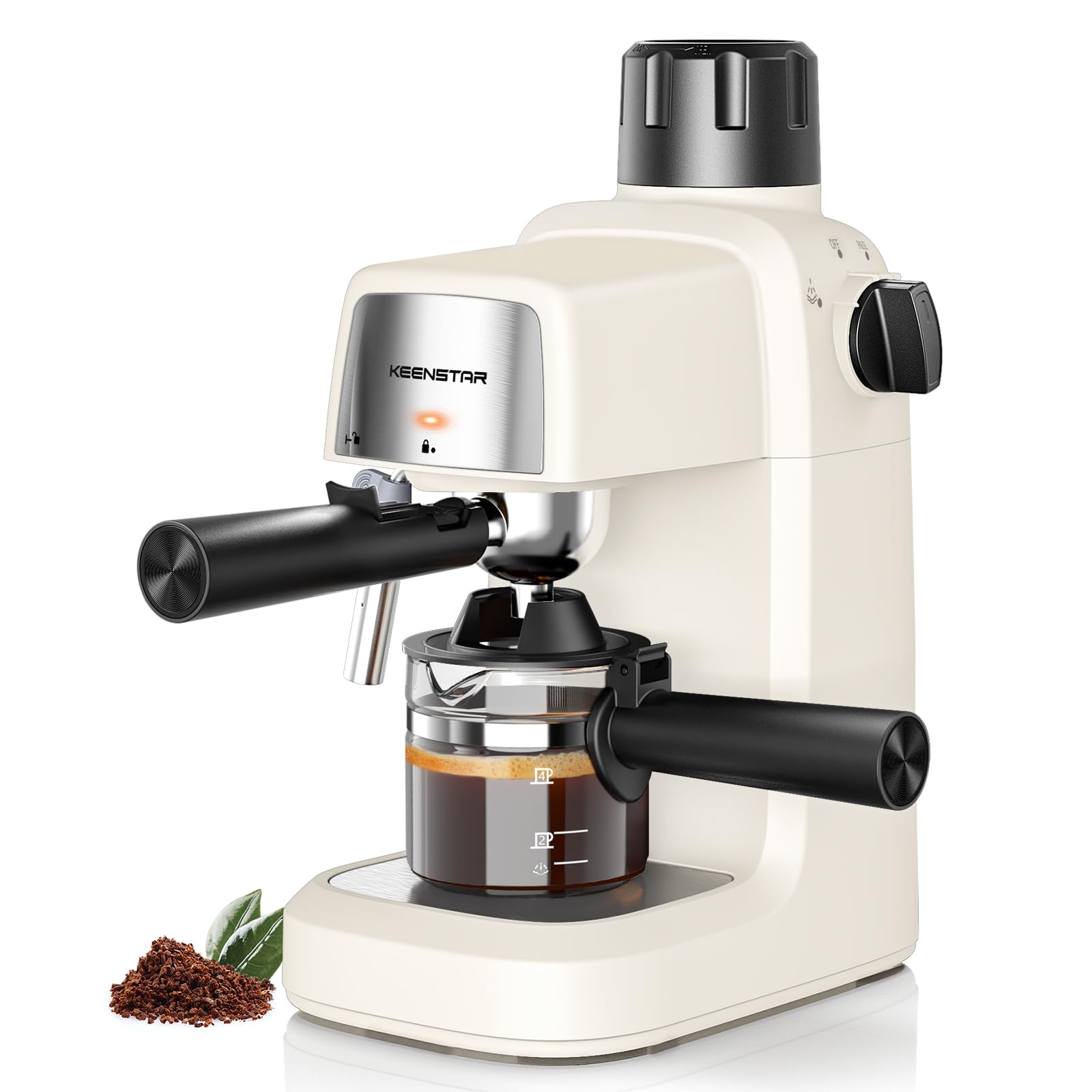 Cream white compact espresso machine with milk frother and black steam wand
