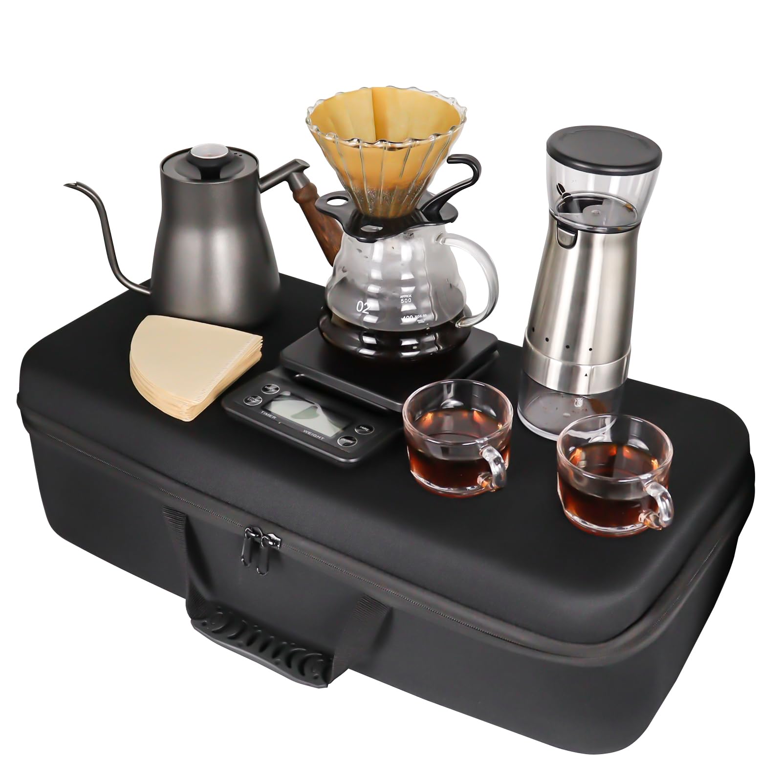 All-in-one pour-over coffee kit with stainless kettle, filter dripper, server cups, and grinder