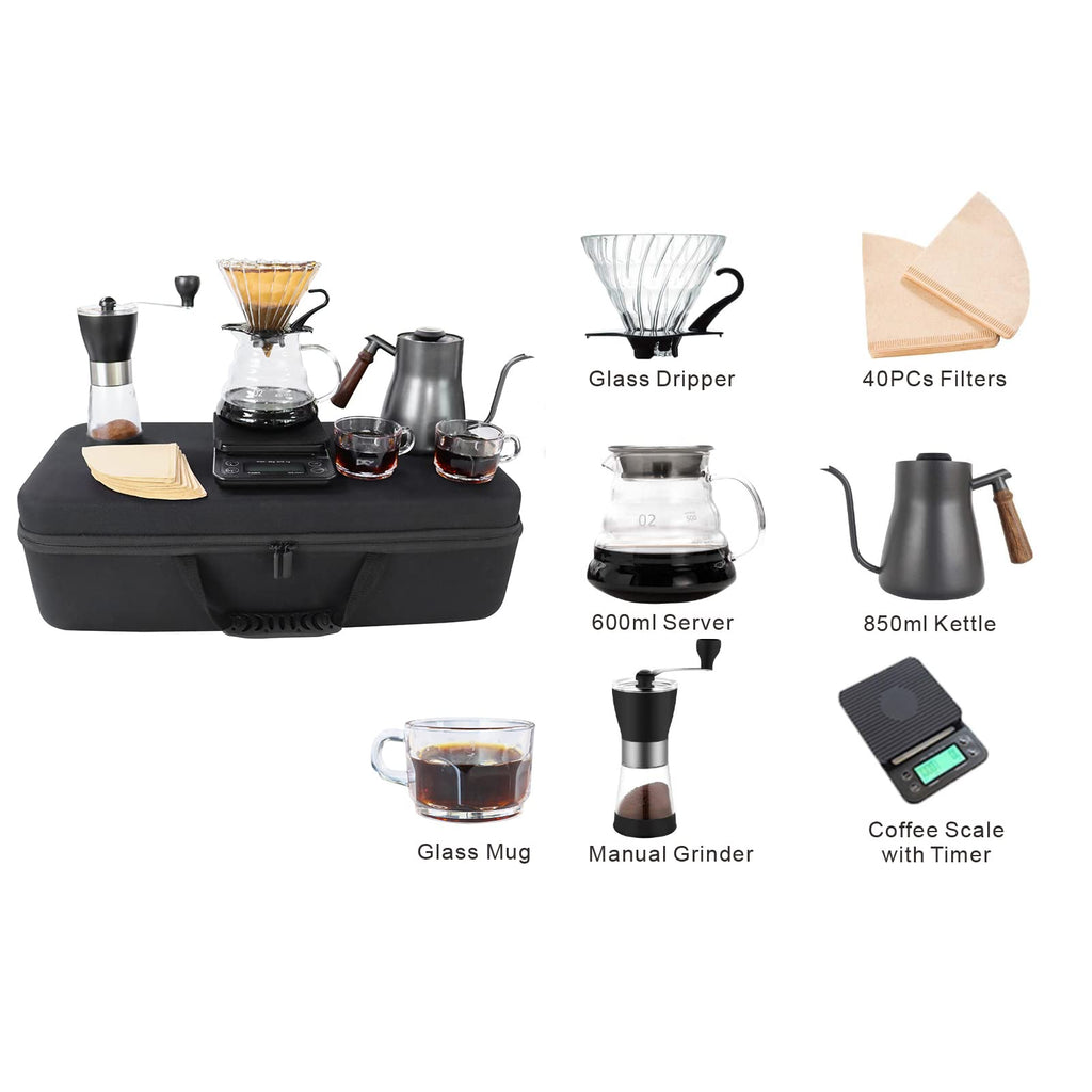 Pour-over coffee kit display with glass dripper, manual grinder, 600ml server, 850ml kettle