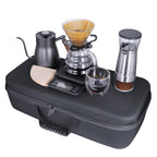 Pour-over coffee maker set with stainless kettle, dripper, grinder, and glass server cups