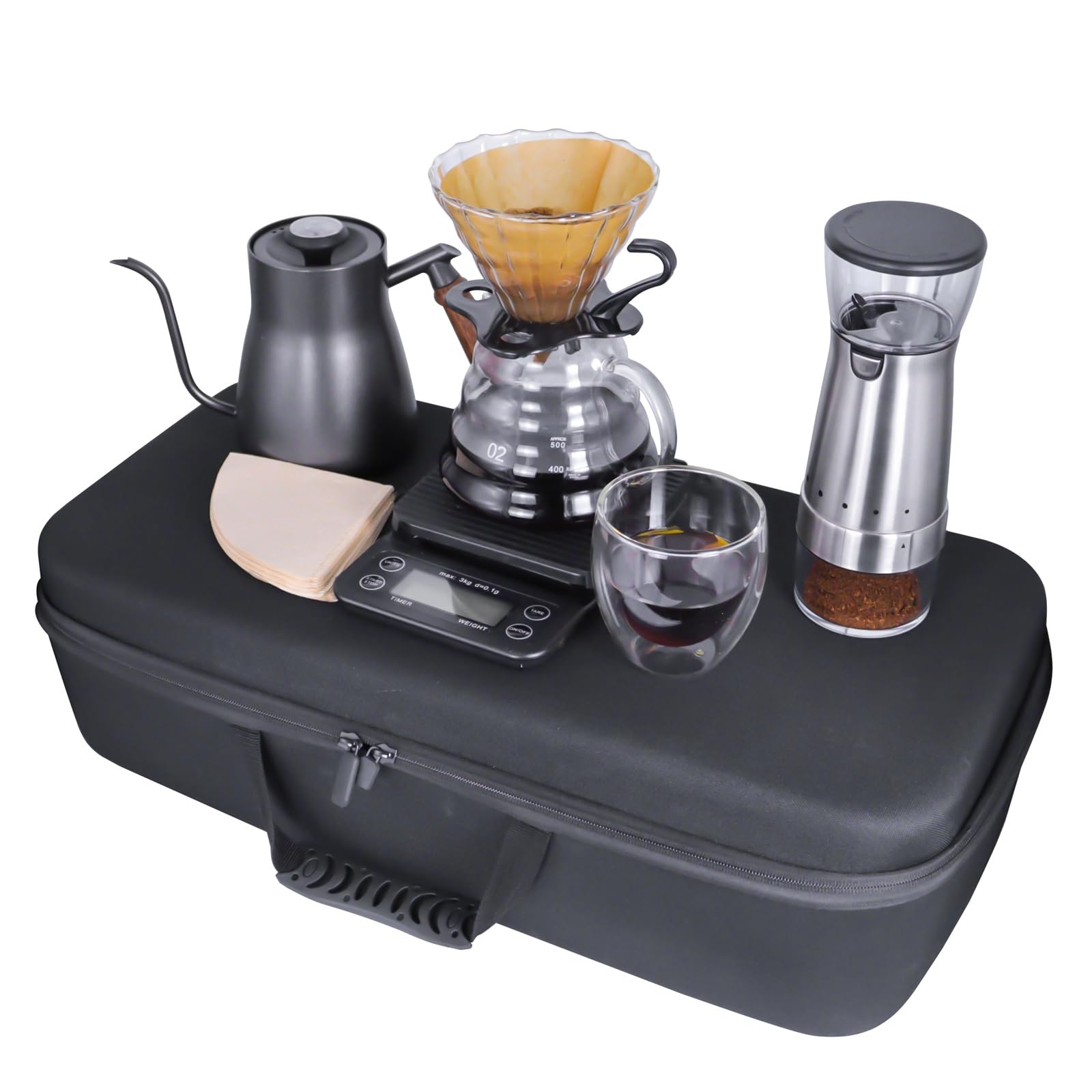 Pour-over coffee maker set with stainless kettle, dripper, grinder, and glass server cups