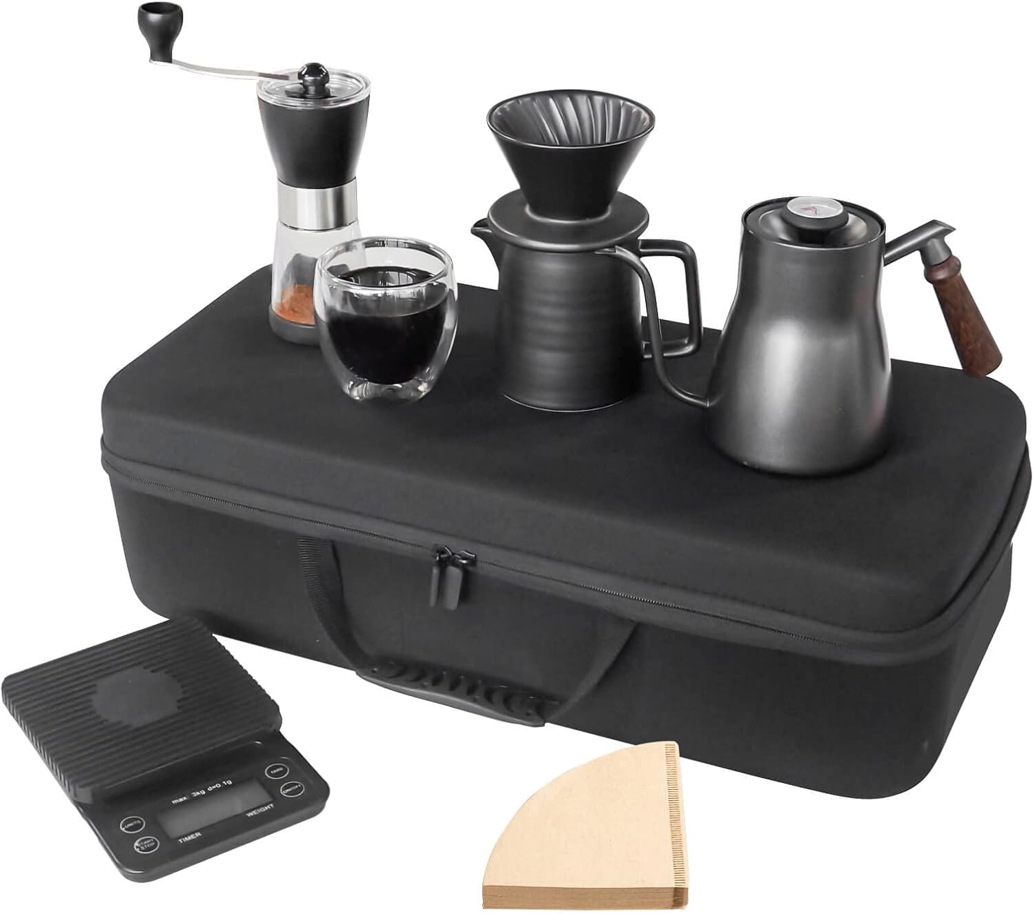 Portable pour-over coffee maker kit with stainless kettle, grinder, dripper, and glass server