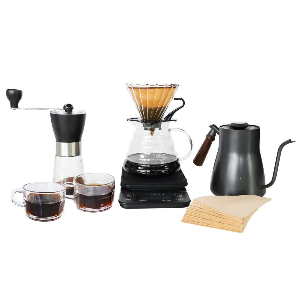 Compact pour-over coffee maker set with black dripper, stainless kettle, manual grinder, filters