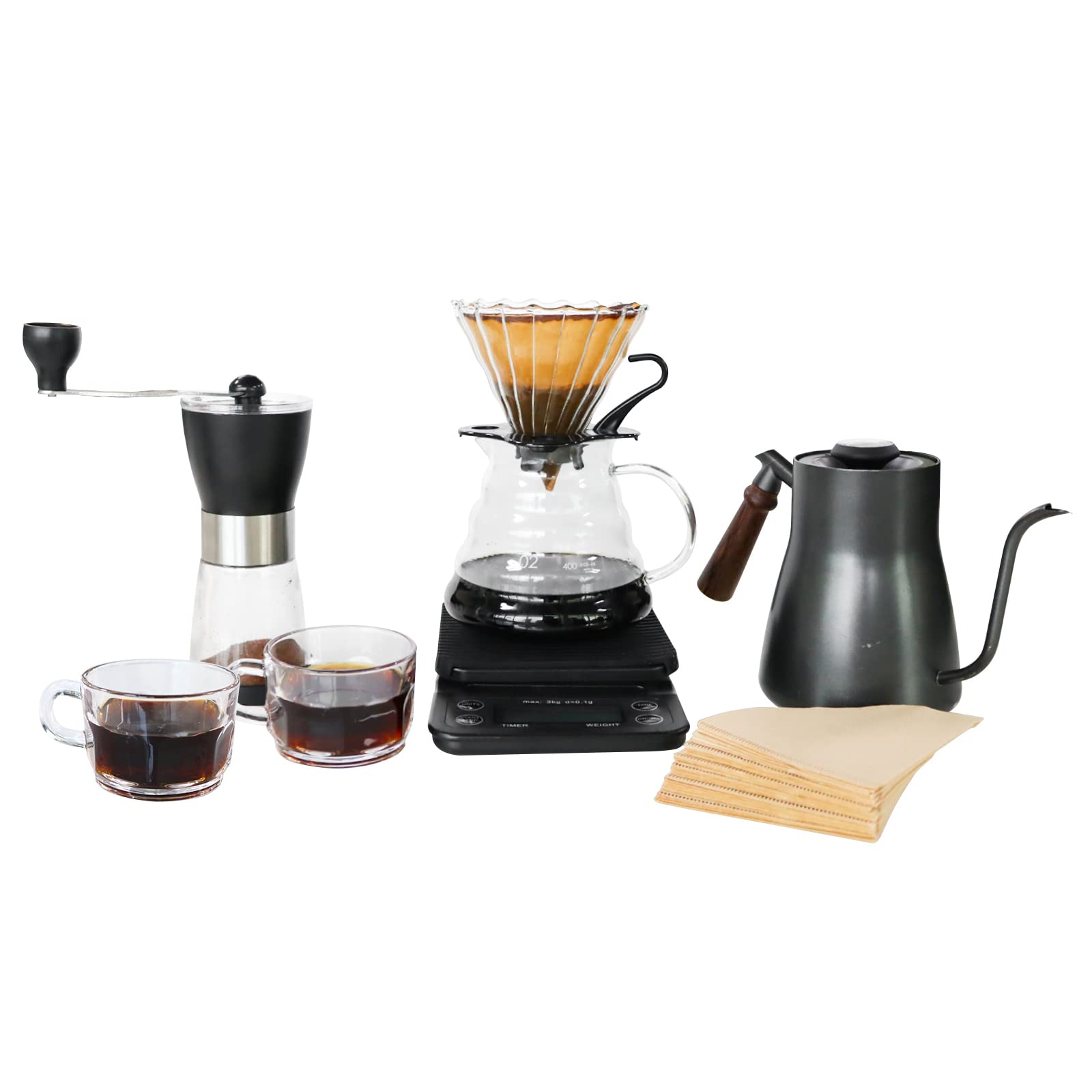 Compact pour-over coffee maker set with black dripper, stainless kettle, manual grinder, filters