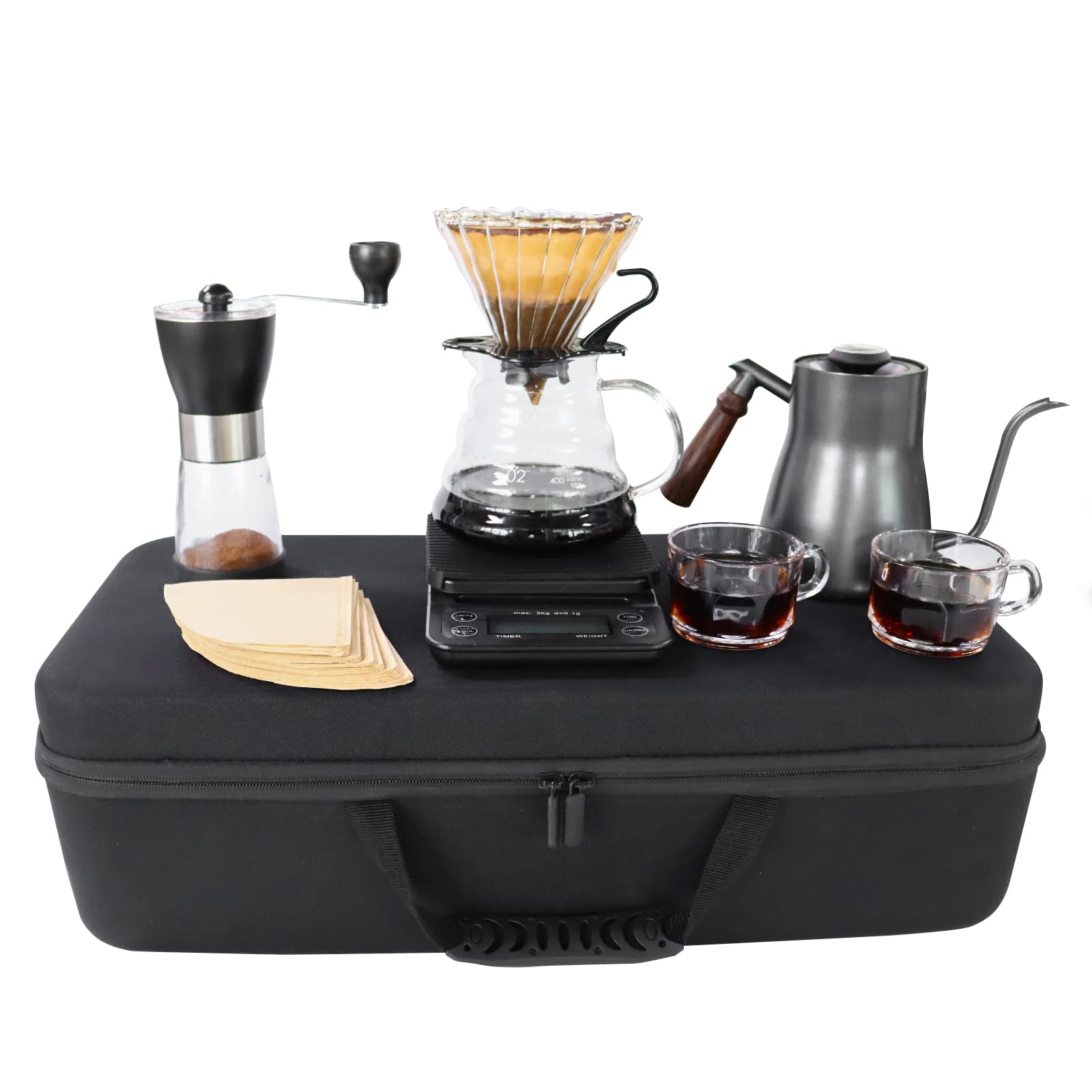 Complete pour-over coffee set with stainless kettle, dripper carafe, grinder, and two cups