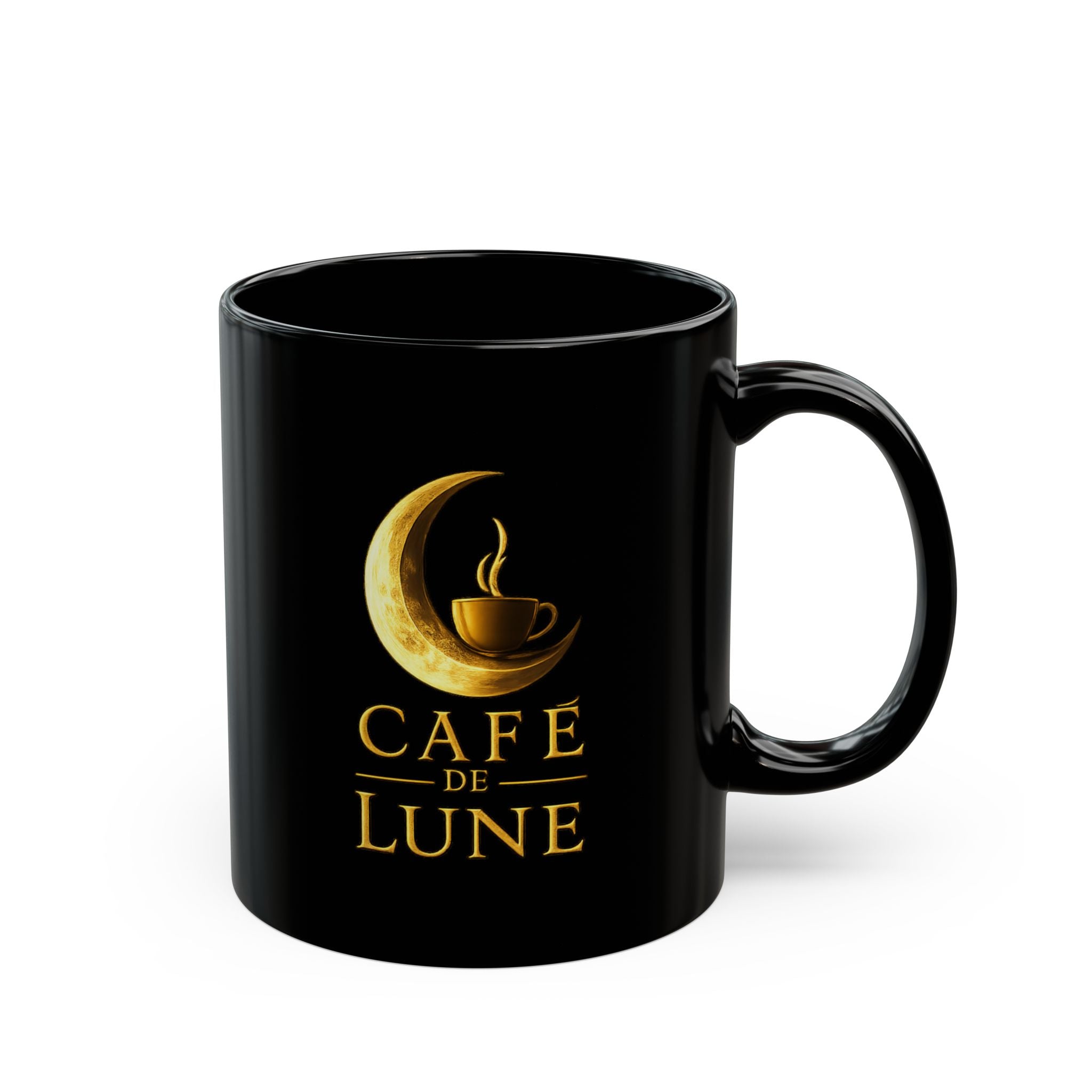 Cafe de Lune Black Ceramic Mug – Gold Moon Coffee Logo (11oz & 15oz)
