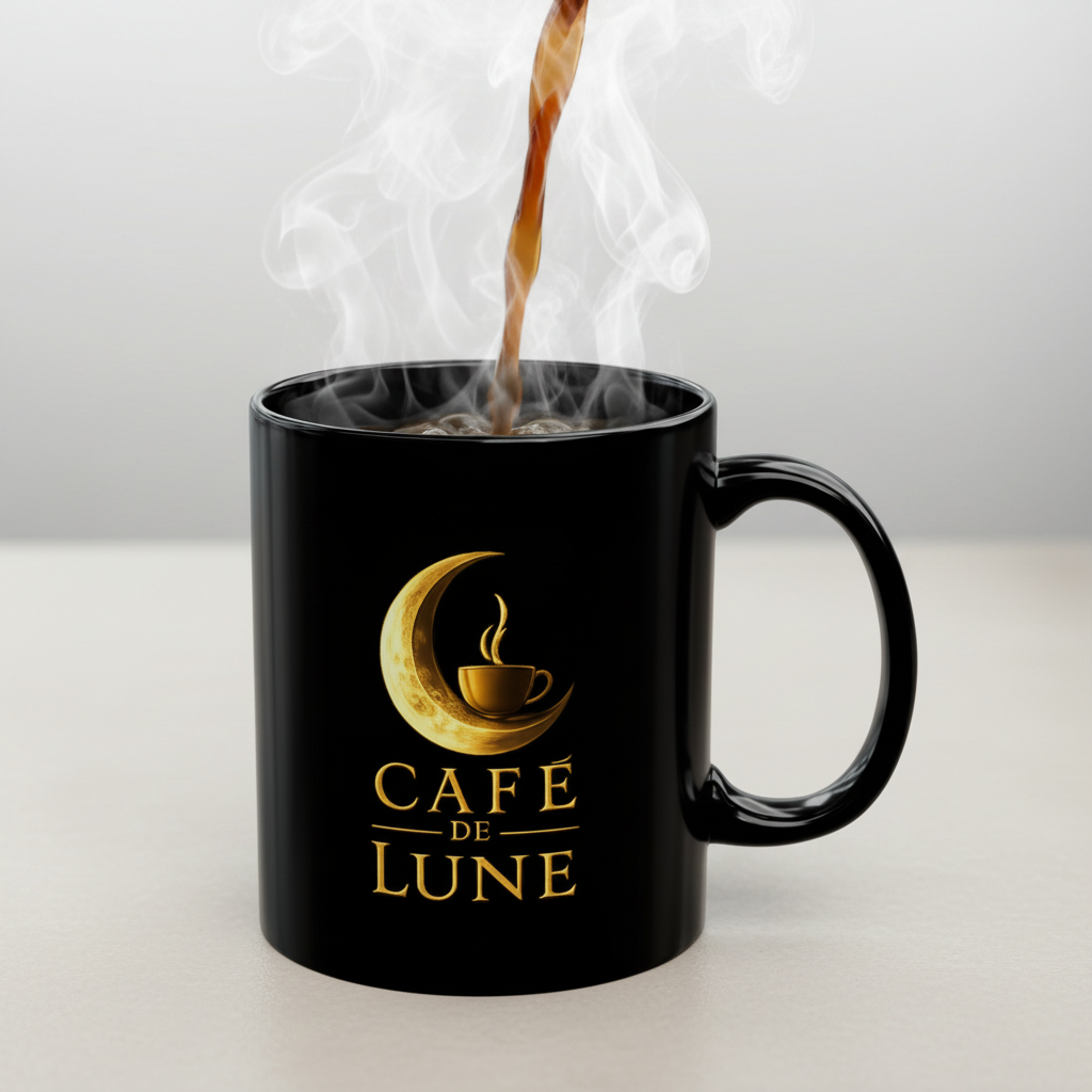 Cafe de Lune Black Ceramic Mug – Gold Moon Coffee Logo (11oz & 15oz)