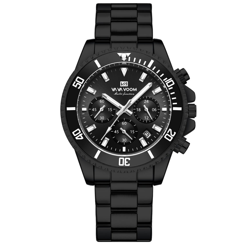 Men's all-black wristwatch with black dial, black bezel, and black link bracelet