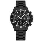 Men's all-black wristwatch with black dial, black bezel, and black link bracelet