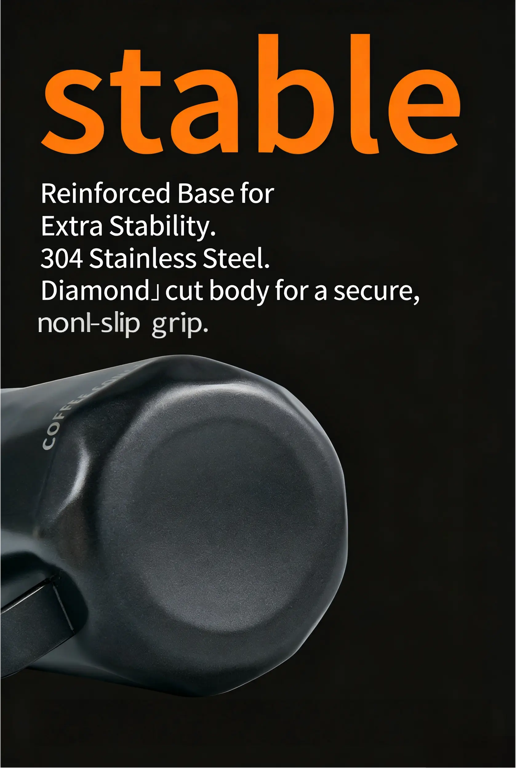 Black stainless milk pitcher base view with reinforced bottom for stability