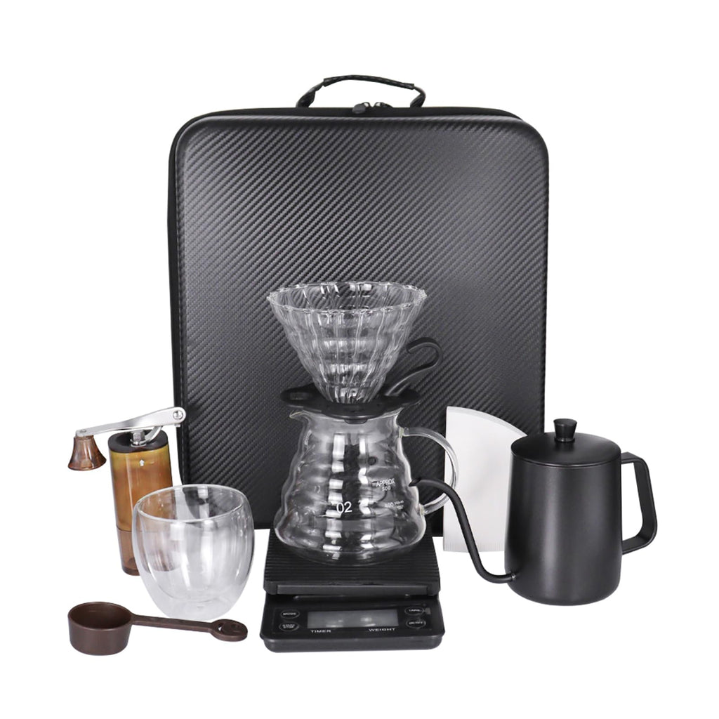 Pour-over coffee maker kit with glass dripper, stainless kettle, cups, and zip travel case