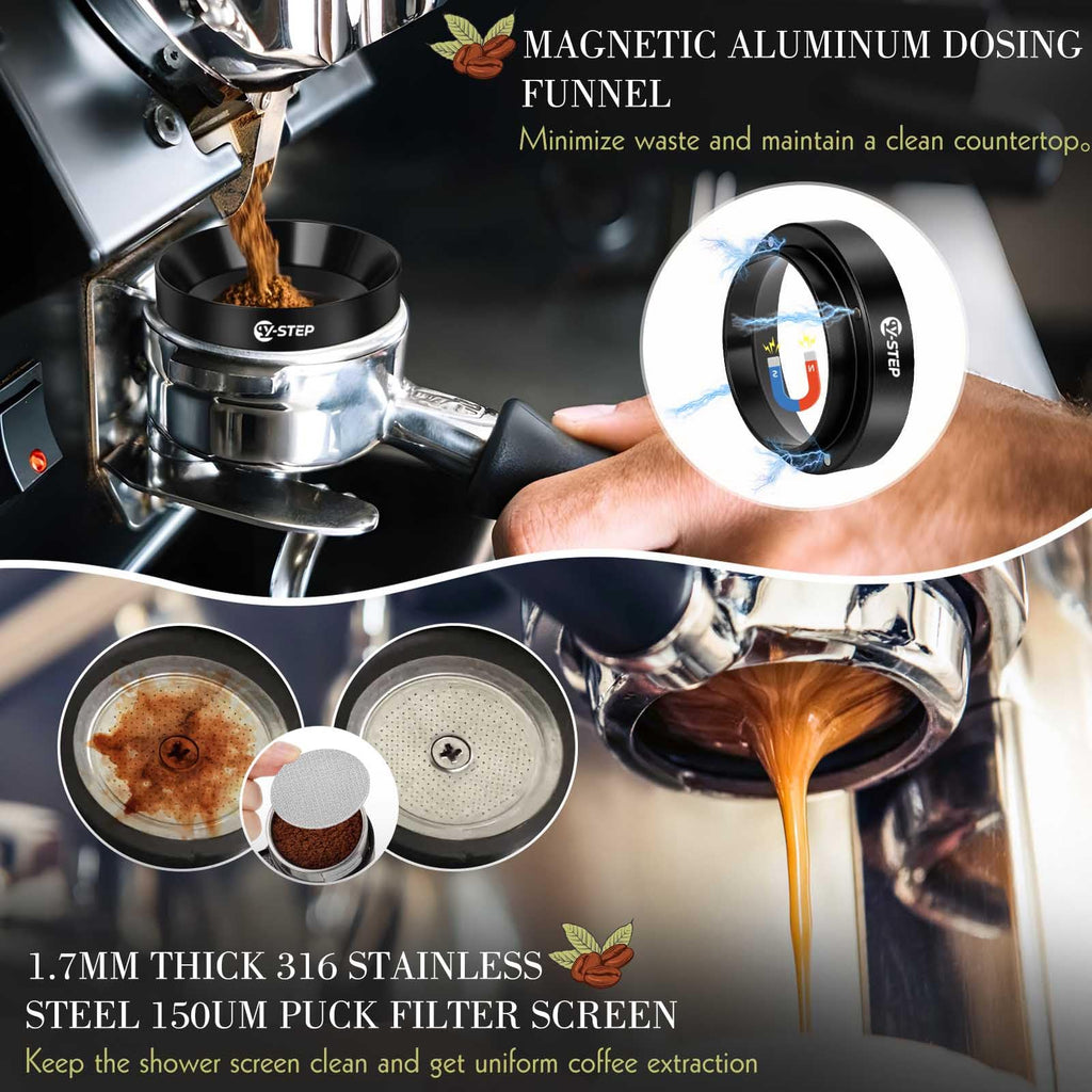 Stainless magnetic dosing funnel for espresso grounds, shown with portafilter cup