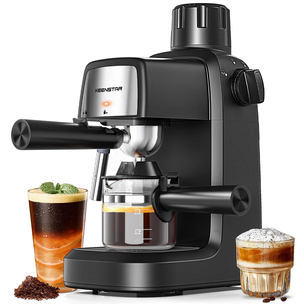 Black compact espresso machine with milk frother and side steam wand