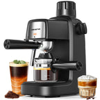Black compact espresso machine with milk frother and side steam wand