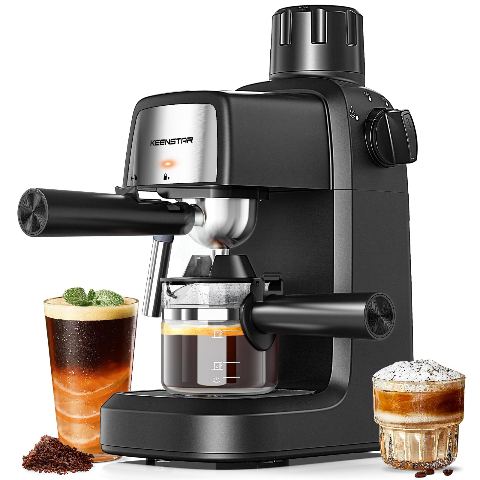 Black compact espresso machine with milk frother and side steam wand