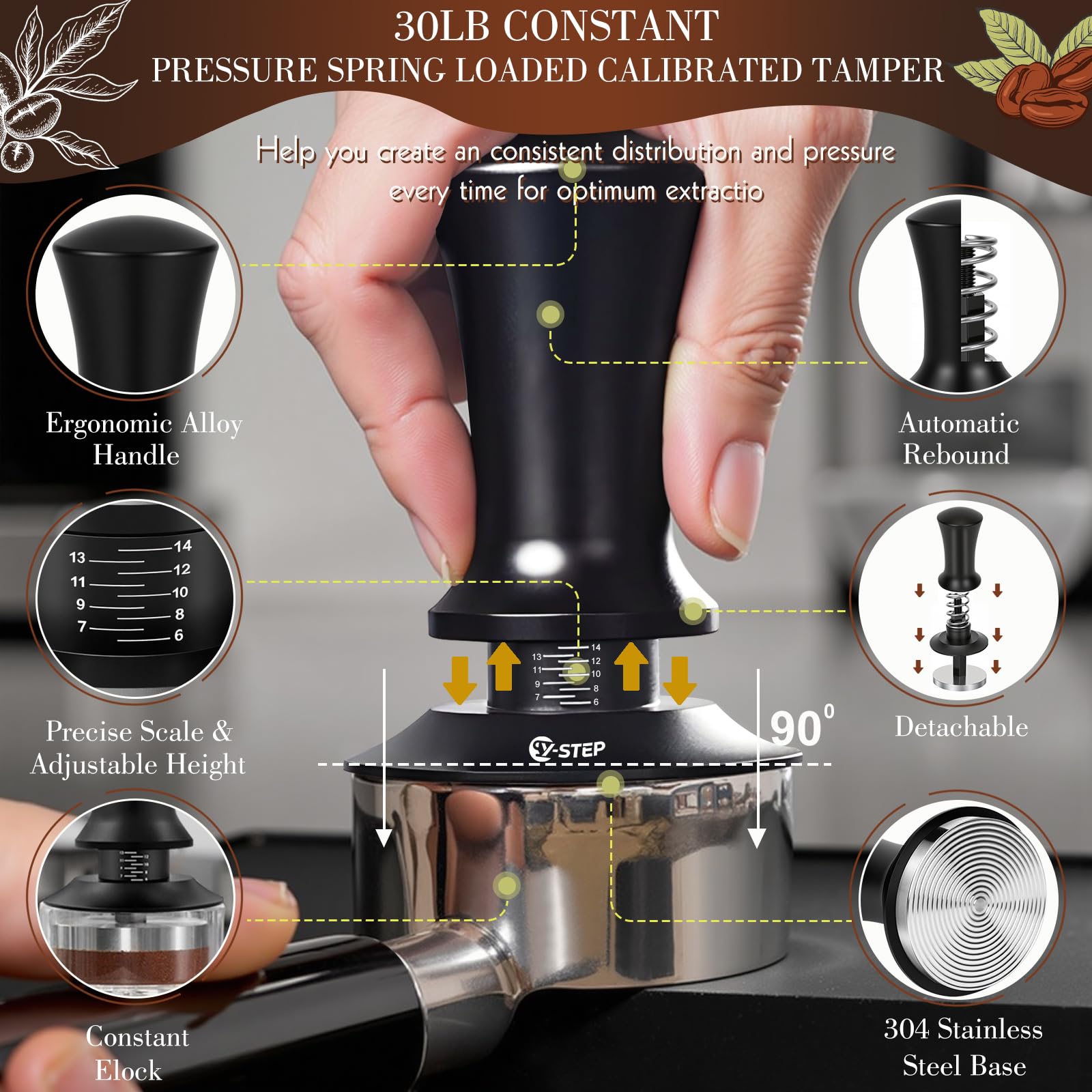 Espresso tamper with pressure-spring handle and base for 51mm portafilter