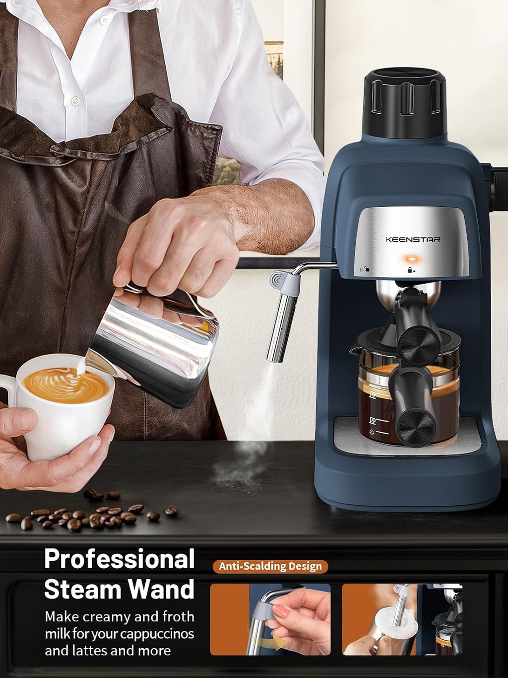 Blue KEENSTAR espresso machine with milk frother, portafilter over cup on countertop