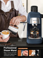 Blue KEENSTAR espresso machine with milk frother, portafilter over cup on countertop