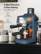 Sapphire blue espresso machine with milk frother and illuminated heating chamber