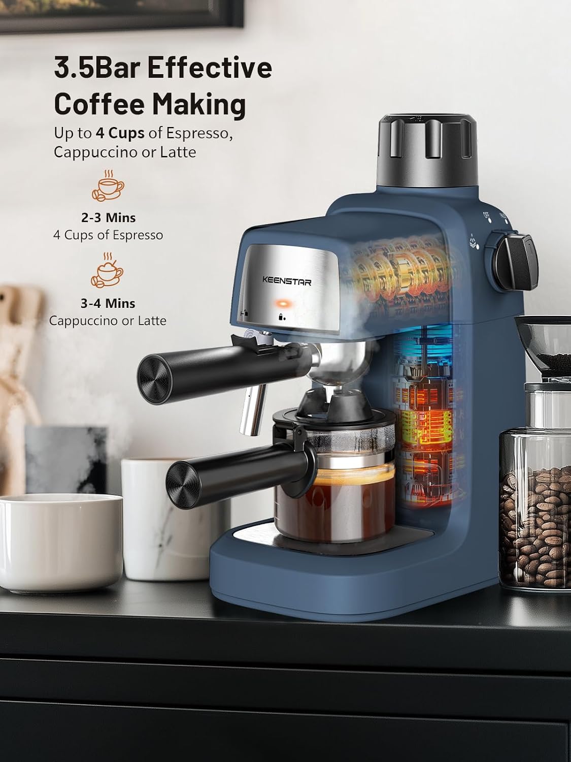 Sapphire blue espresso machine with milk frother and illuminated heating chamber