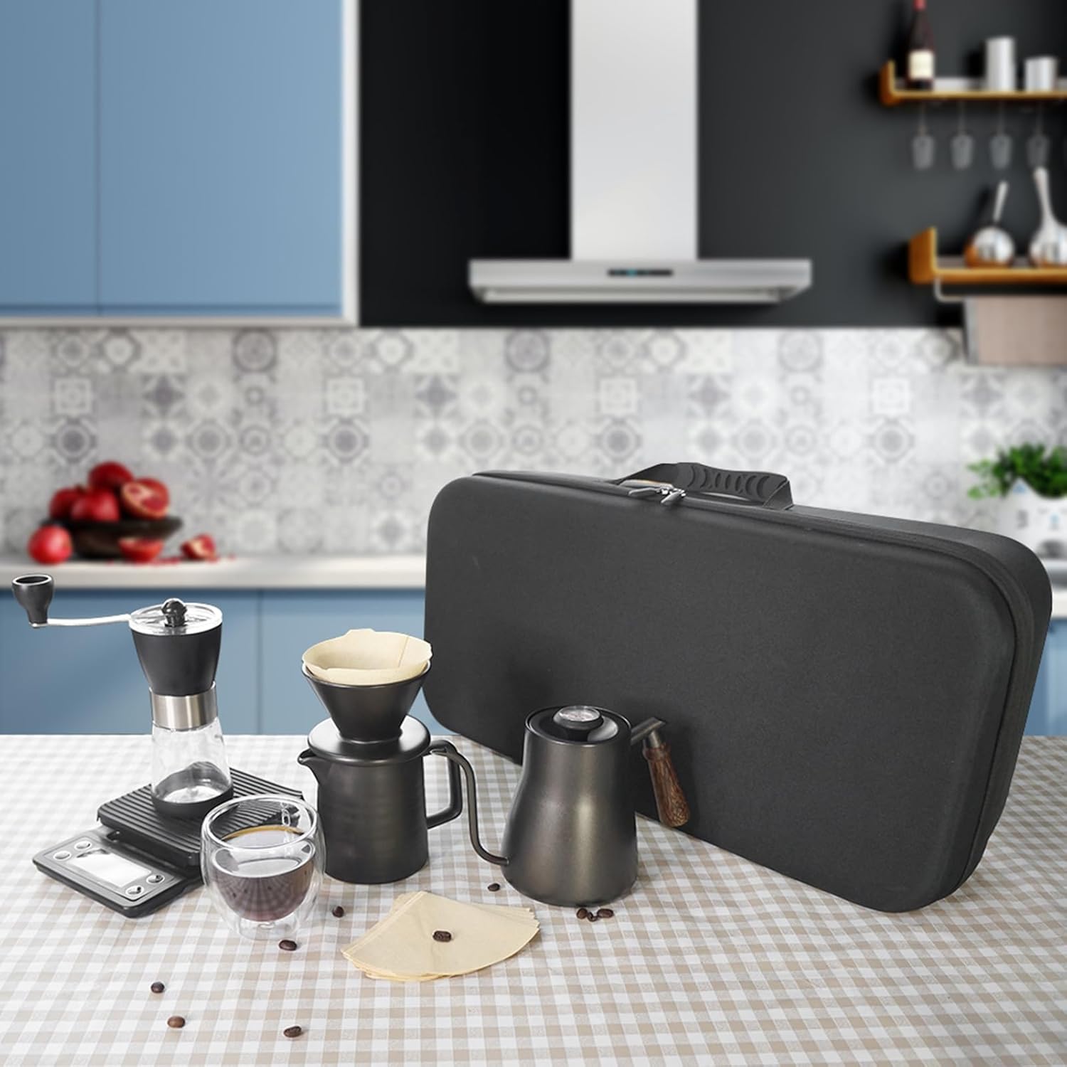 Pour-over coffee maker kit in black travel case with grinder, kettle, dripper, scale