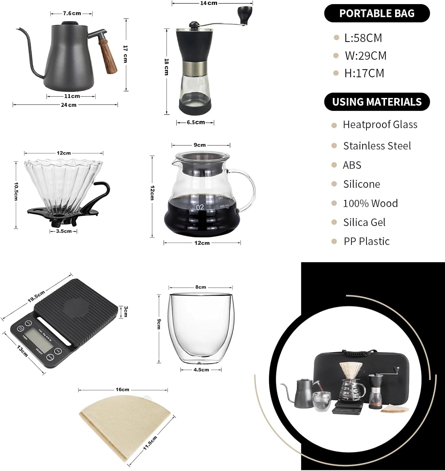Pour-over brewing kit measurement diagram showing dripper, glass carafe, kettle, grinder, scale and bag
