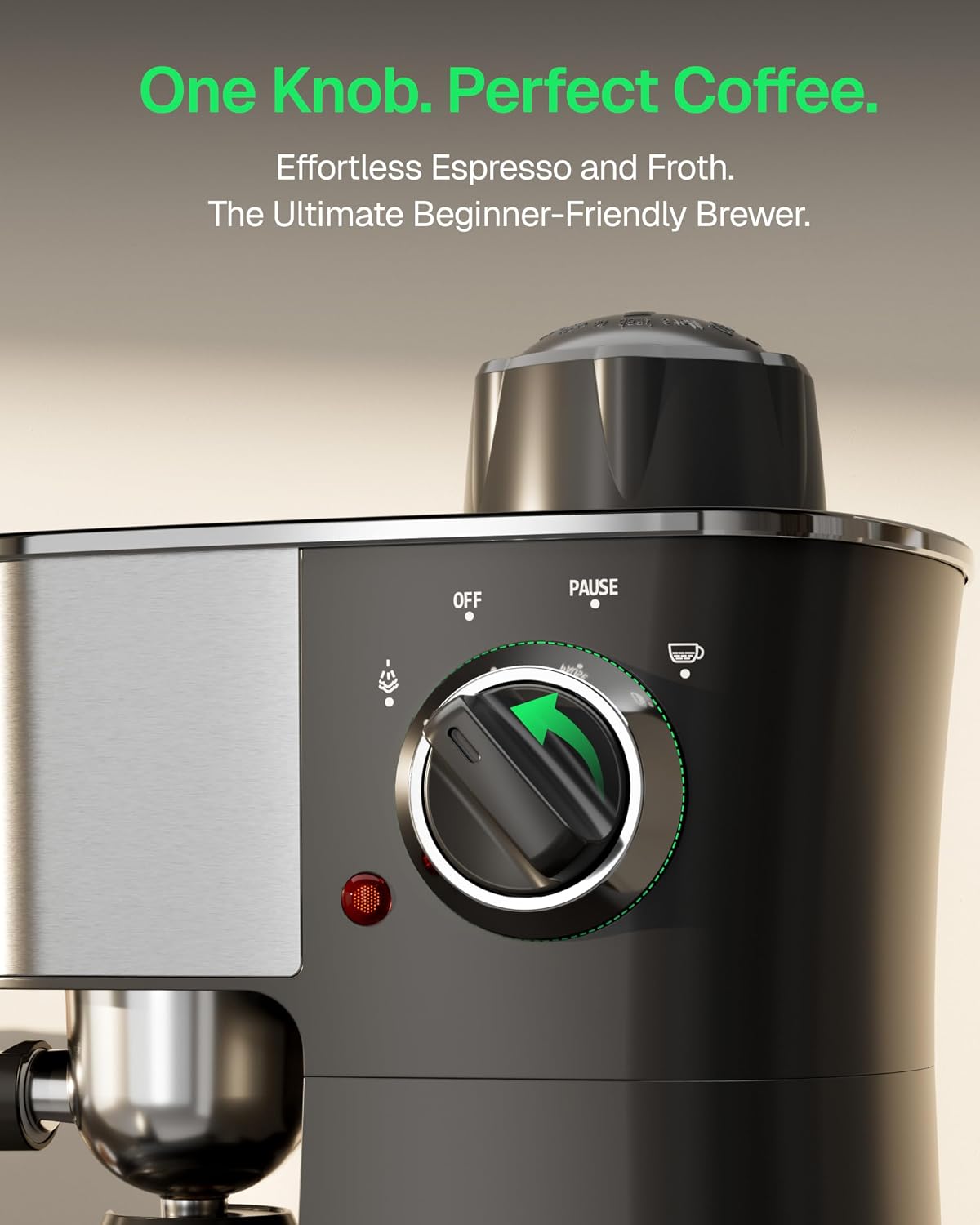 HBN espresso machine control knob, stainless top and black body, close-up panel view