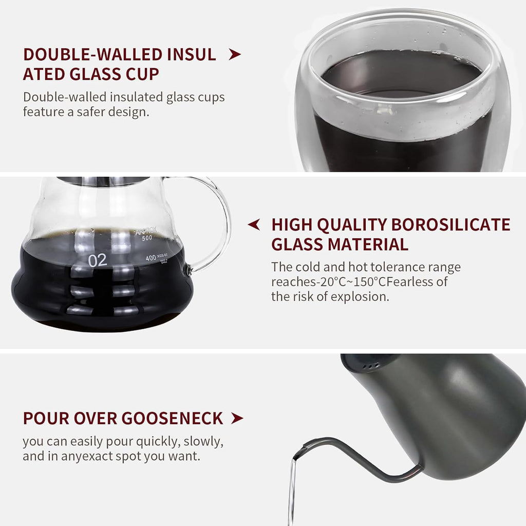 Double-walled glass cup and borosilicate pour-over kettle diagram for gooseneck brewing