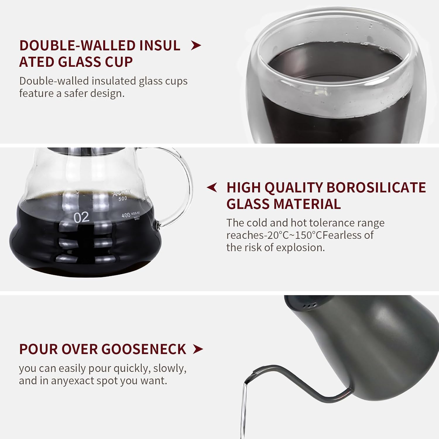 Double-walled glass cup and borosilicate pour-over kettle diagram for gooseneck brewing