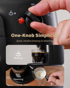 Black espresso machine control knob and indicator light, with steaming and brewing prompts