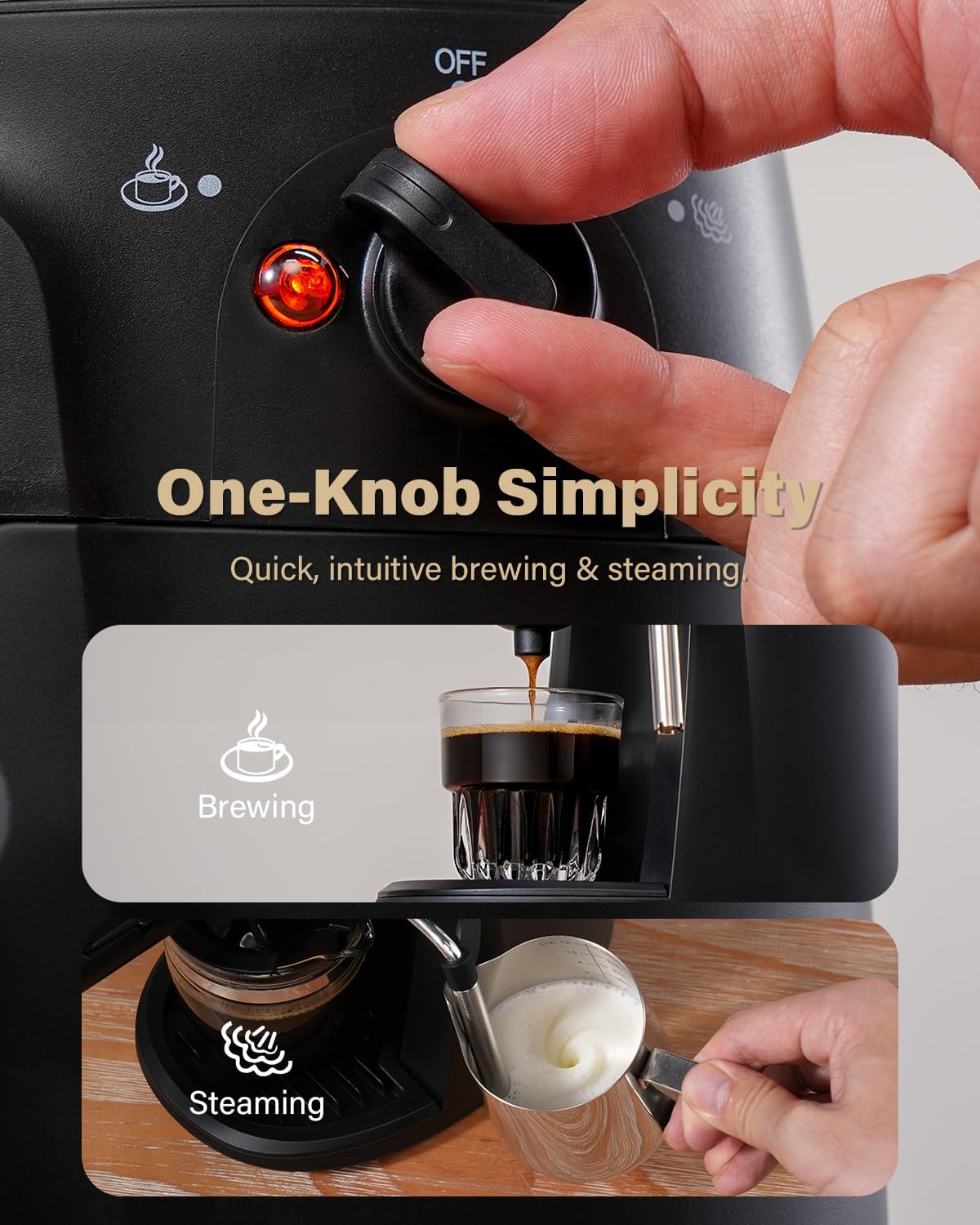 Black espresso machine control knob and indicator light, with steaming and brewing prompts