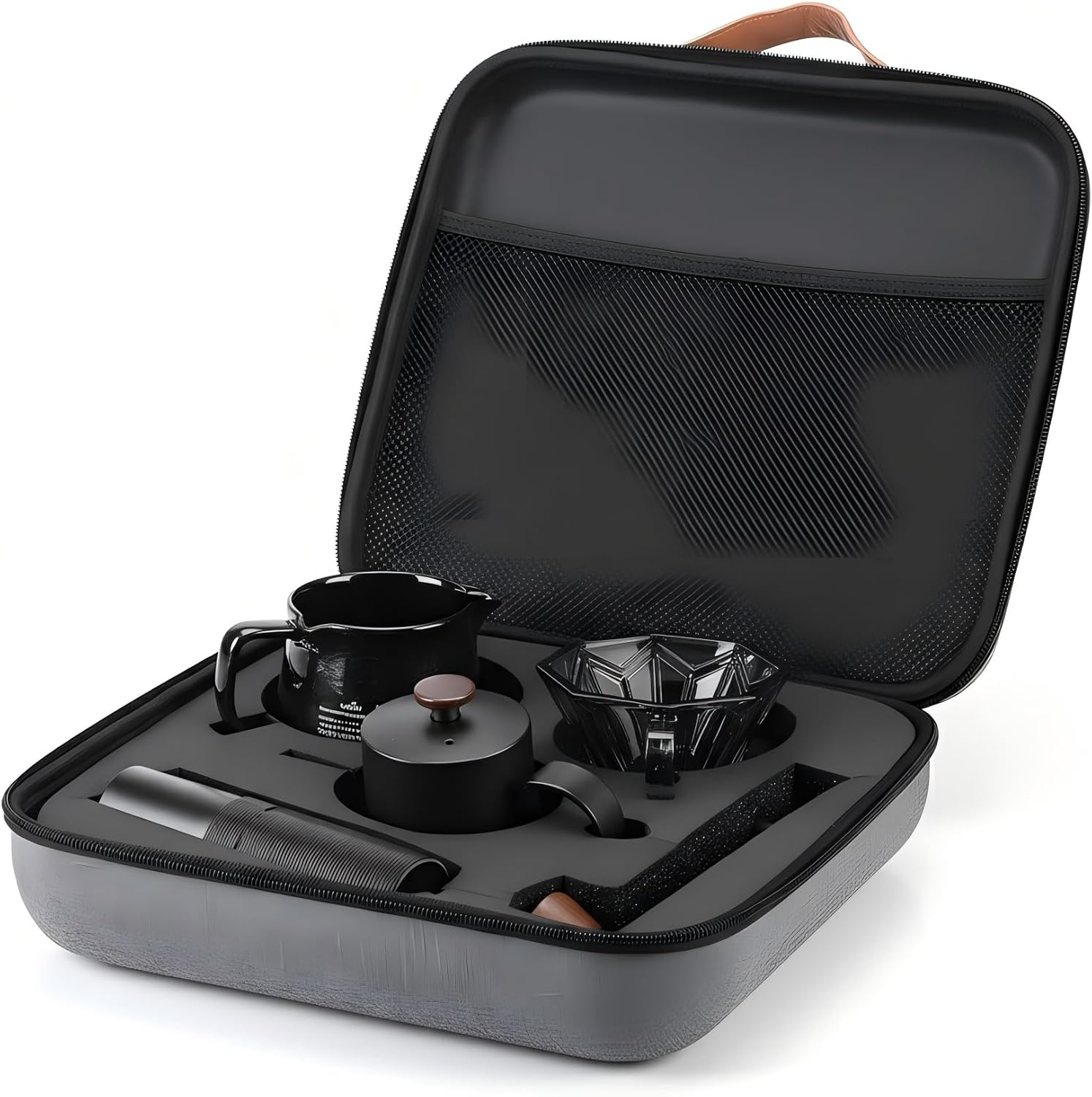 All-in-one travel pour-over coffee kit with black zip case and stainless steel mug