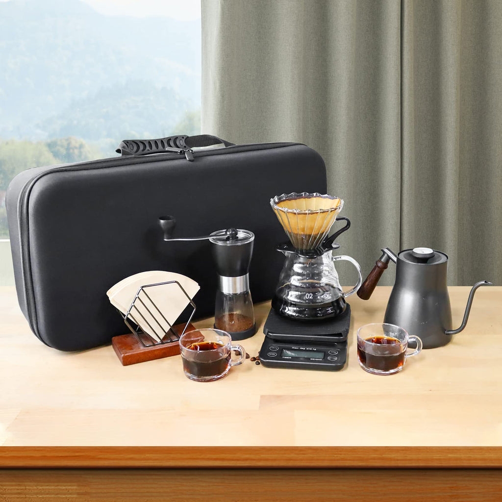 Portable stainless pour-over coffee maker kit with kettle, grinder, dripper, server, bag