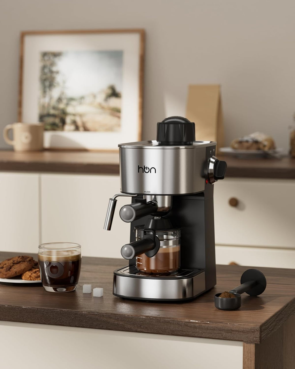 HBN espresso machine on kitchen counter, stainless steel and black, milk frother on