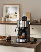 HBN espresso machine on kitchen counter, stainless steel and black, milk frother on