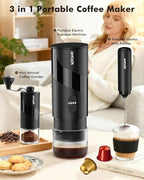 Black portable coffee maker set with milk frother and manual grinder