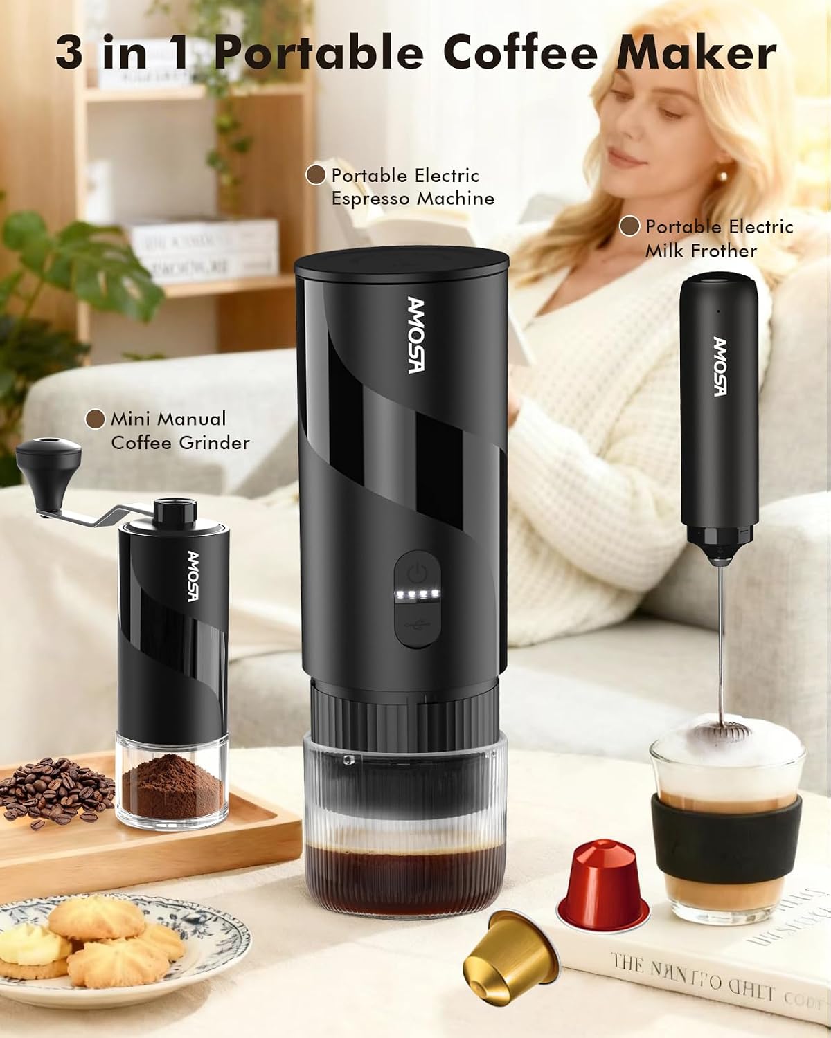 Black portable coffee maker set with milk frother and manual grinder
