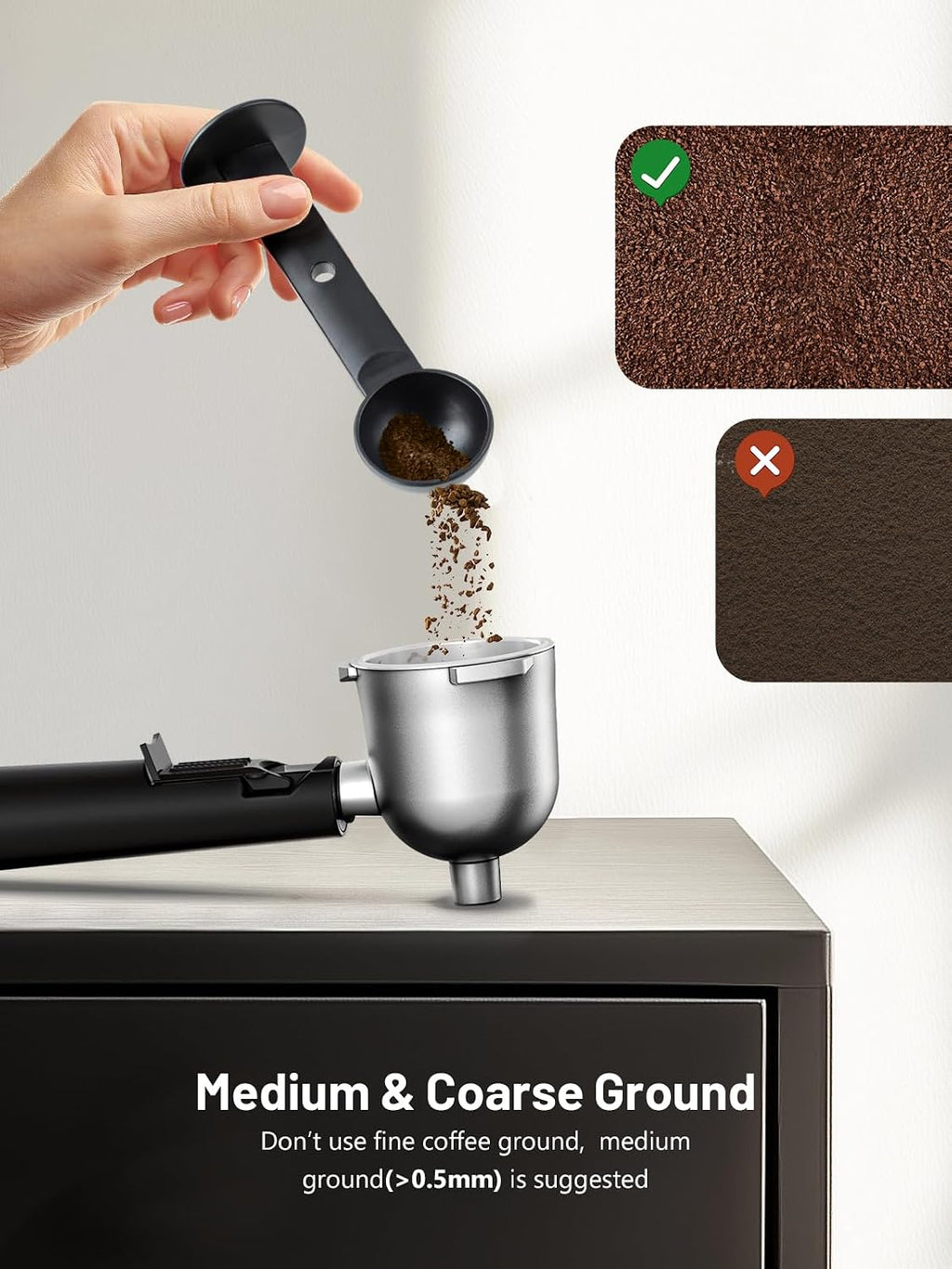 Black KEENSTAR grinder scoop pouring coffee grounds into metal filter cup