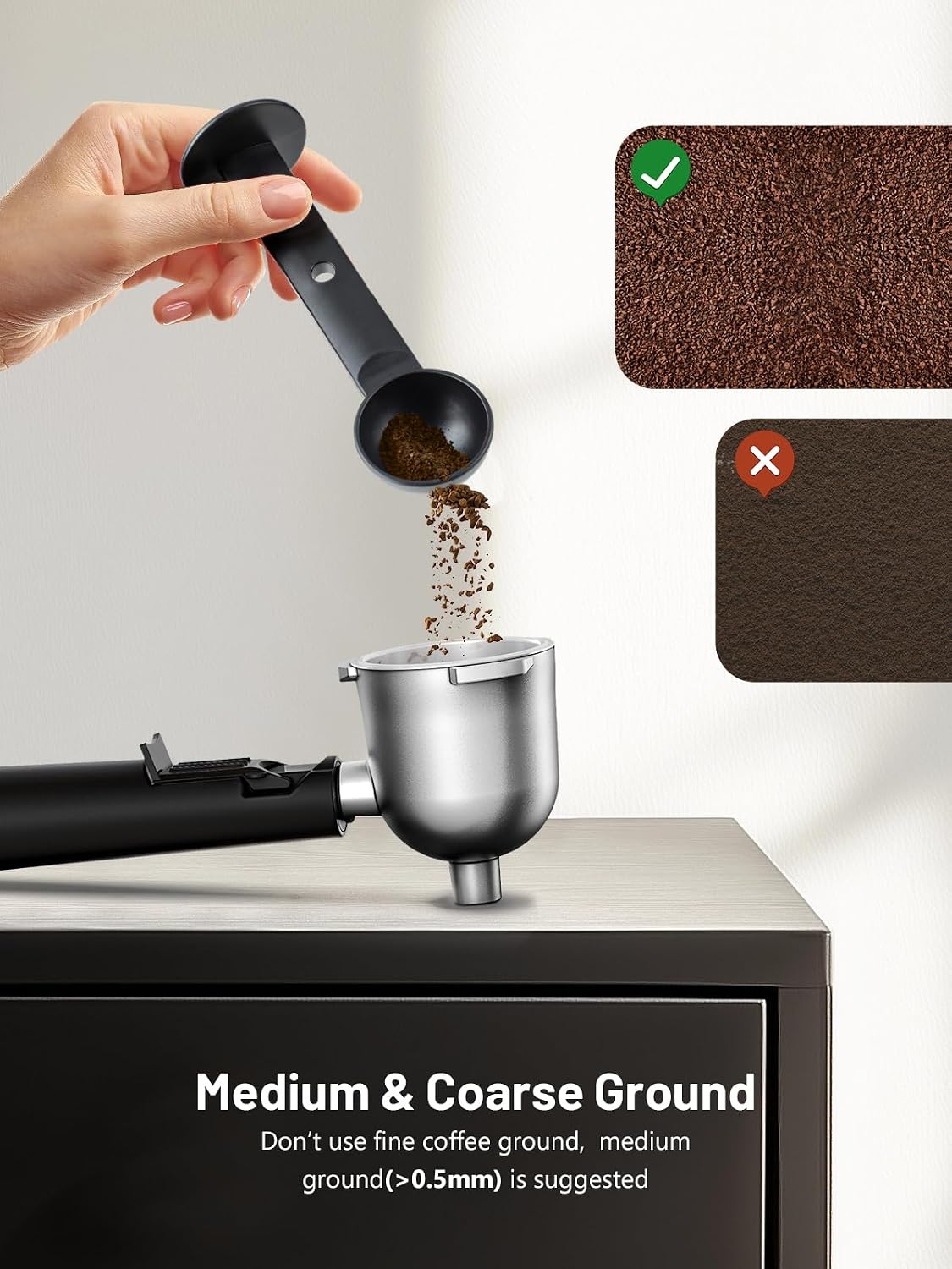 Black KEENSTAR grinder scoop pouring coffee grounds into metal filter cup