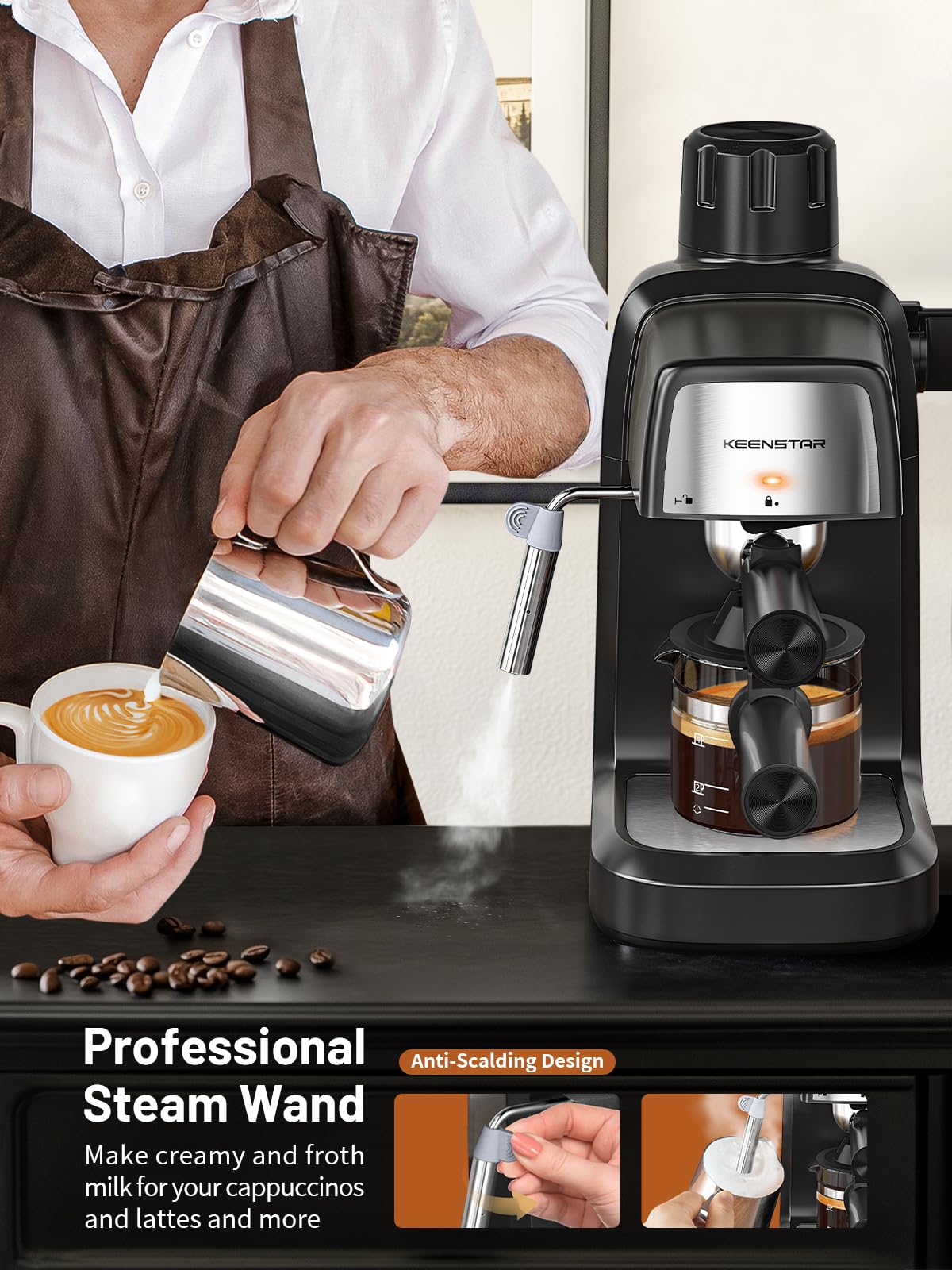 Black KEENSTAR espresso machine with milk frother, portafilter filling espresso cup