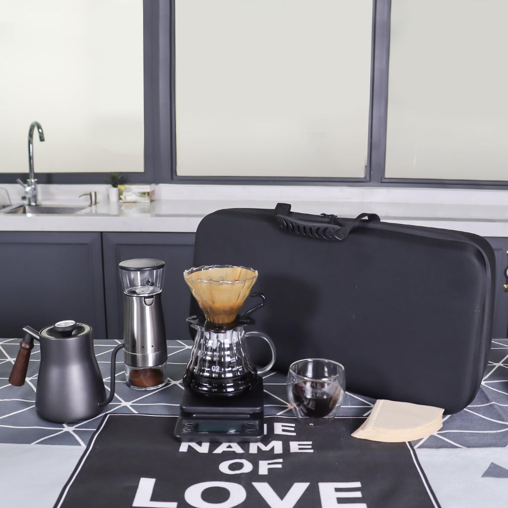 Pour-over coffee maker set with stainless kettle, filter dripper, glass cups, and travel case