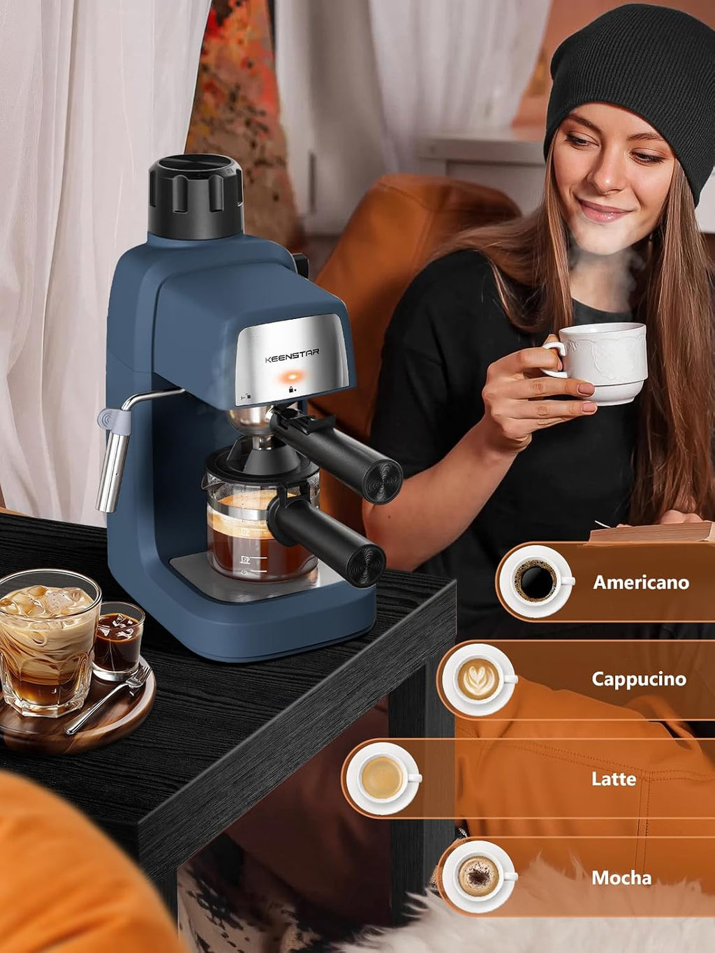 Blue KEENSTAR espresso machine frothing milk for latte in a cup on countertop