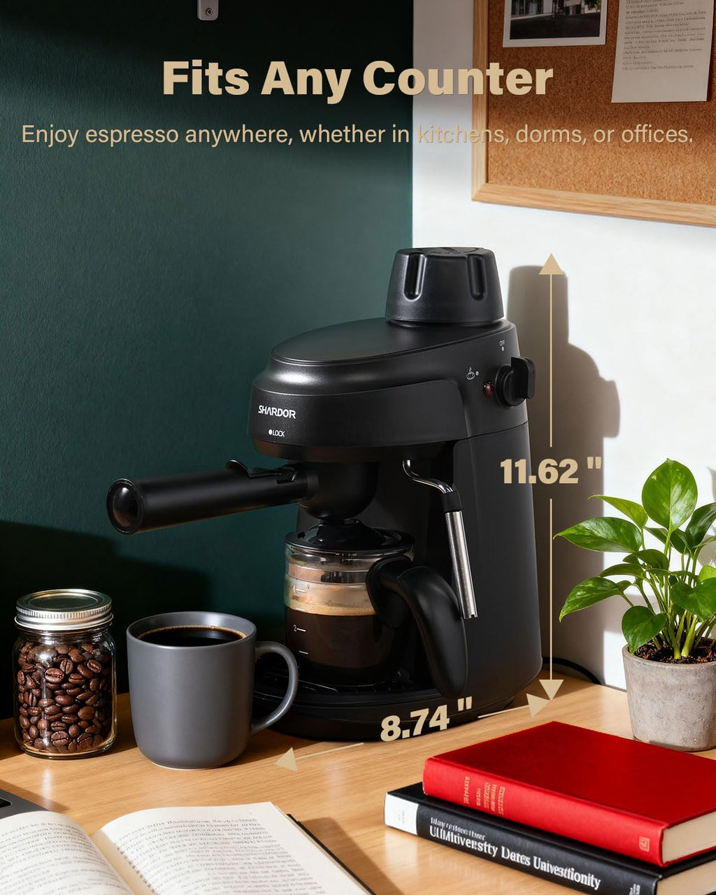 Black espresso machine on counter near mug, books, and plant, compact home size
