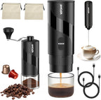Black portable electric espresso maker with grinder and milk frother, plus accessories