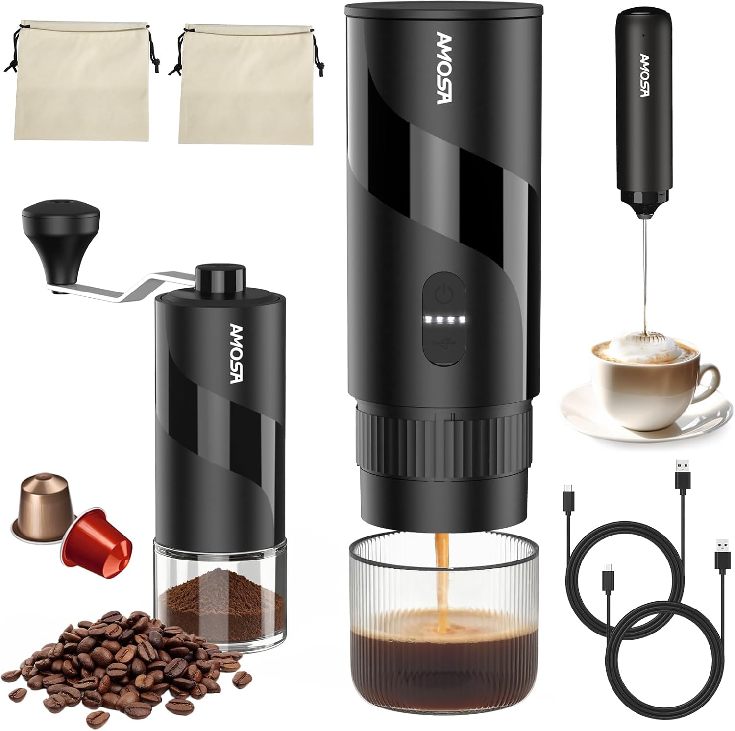 Black portable electric espresso maker with grinder and milk frother, plus accessories