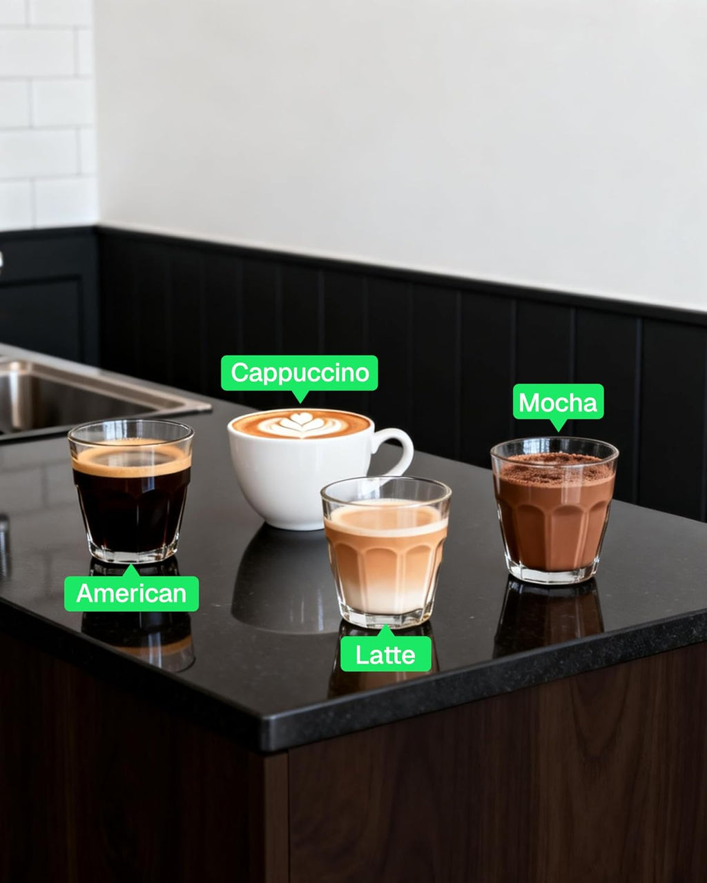 HBN espresso machine with multiple coffee drinks in cups on counter