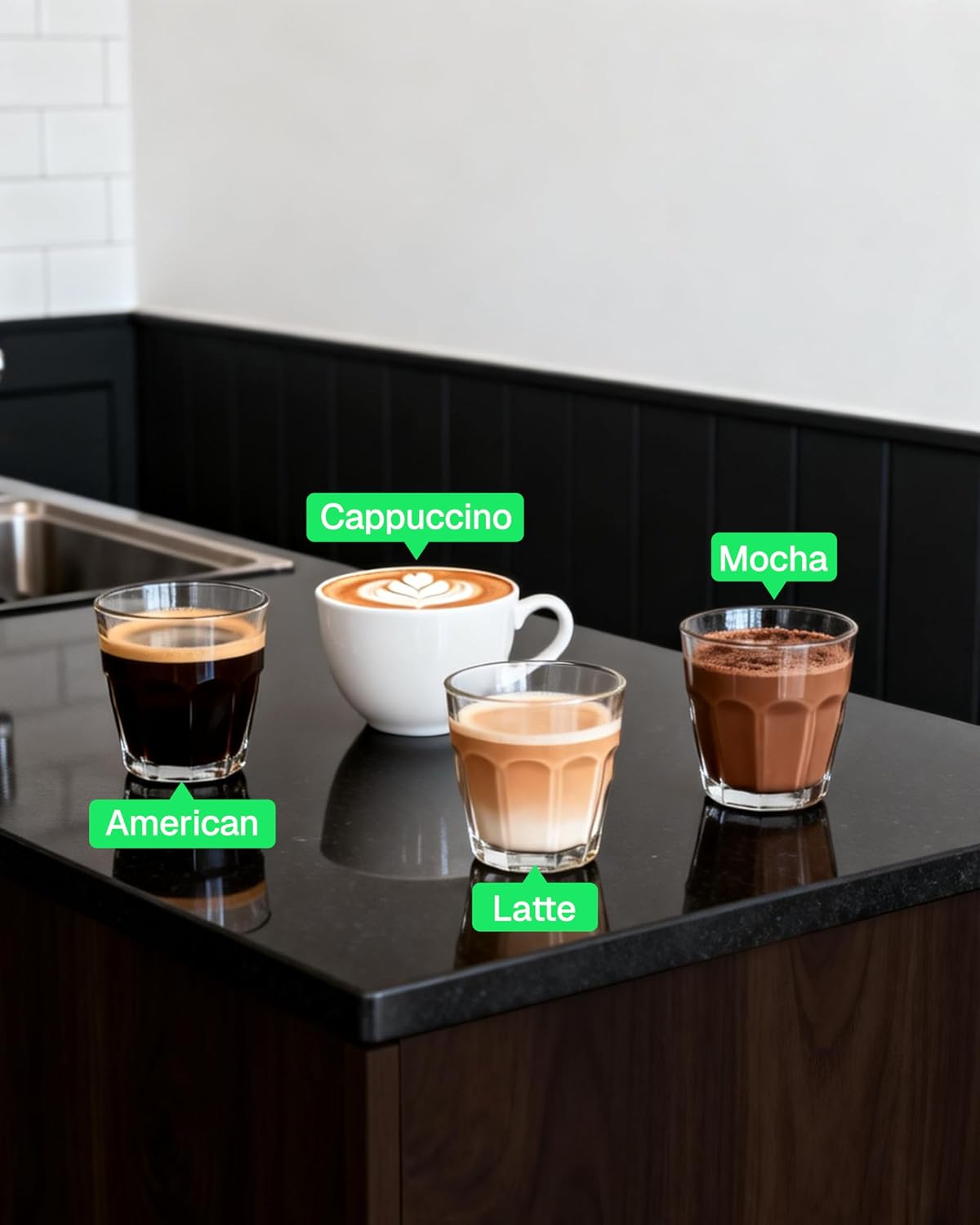 HBN espresso machine with multiple coffee drinks in cups on counter